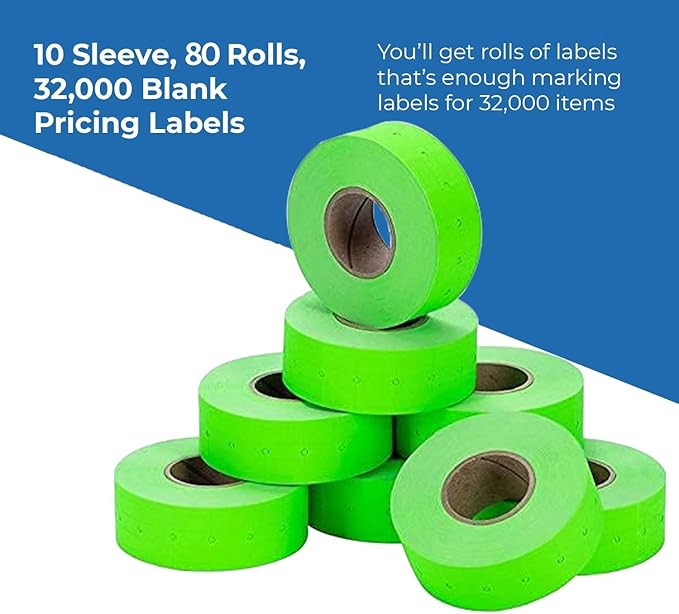Perco 2 Line Fluorescent Green Labels - 80 Rolls, 10 Sleeves, 80,000 Blank Price and Date Gun Labels for Perco 2 Line Price and Date Guns - Made in USA