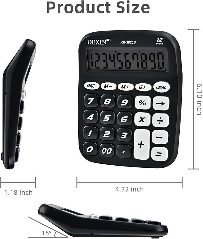 Cute Calculators Desktop, 12 Digit Basic Calculator with Big Buttons, Aesthetic Desk Accessories Large LCD for Office School Supplies (Black)