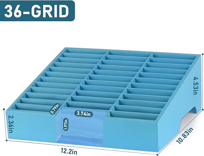 Wooden 36-Grid Cell Phones Storage Box Desktop Mobile Phone Holder Organizer for Office School Classroom (36-Grid Blue)