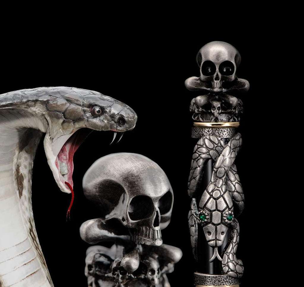 Jinhao Black Snake Fountain Pen Medium Nib Retro Style with Skull Head Solid Metal and Paper Pen Case Set