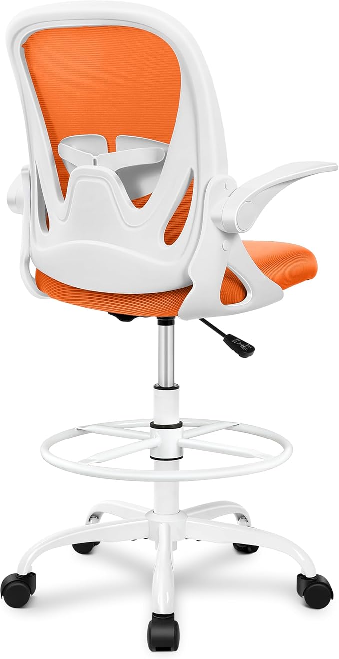 Primy Drafting Chair Tall Office Chair with Flip-up Armrests Executive Ergonomic Computer Standing Desk Chair with Lumbar Support and Adjustable Footrest Ring (Sunset Orange)