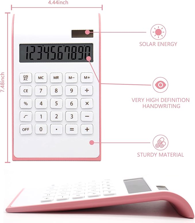 Pink Calculator, UPIHO Pink Office Supplies and Accessories, 10 Digits Solar Battery Basic Office Calculator, Dual Power Desktop Calculator with Large LCD Display, School Supplies