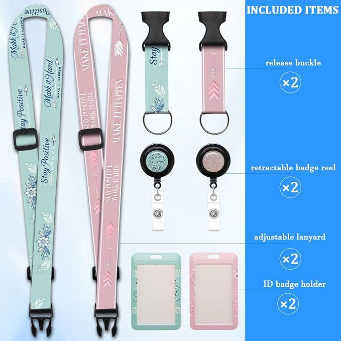 2 Pack Inspirational Lanyards Badge Holder, Adjustable Lanyard with Retractable Badge Reel, Motivational ID Badge Holder for Teachers, Nurses, Students, Office Staff & Cruise Essentials