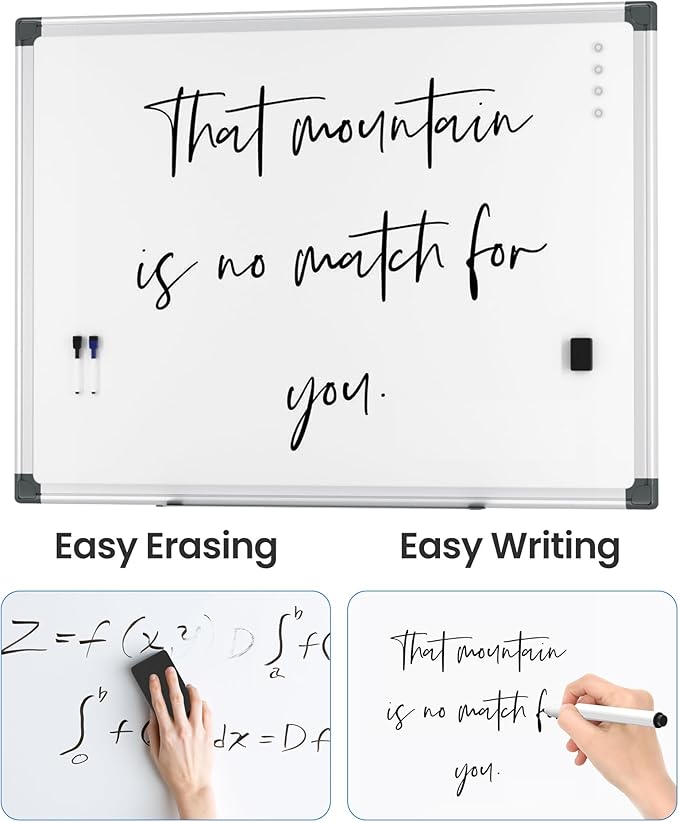 VUSIGN 12PCS Magnetic White Board Hanging 36" x 48" for Office, Class, Home, Sliver Aluminum Frame, 12 Dry-Erase Eraser, 24 Multicolor Marker, 48 Magnetic Pins