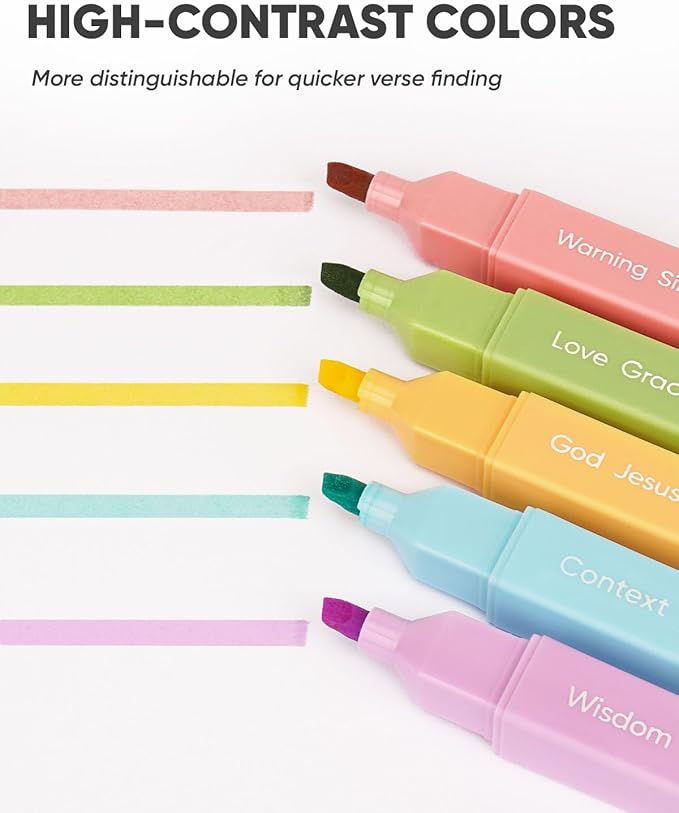 Bible Highlighters with Highlighting System, Chisel Tip No Bleed Highlighters for Bibles, Aesthetic Highlighter Marker Set in Assorted Colors for Bible Study Journaling [5 Pack]