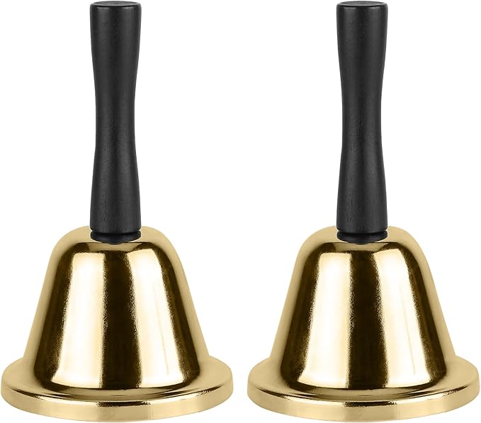 MROCO Gold Hand Bell, 2 Pack Steel Call Bell for Wedding, Adults, Dinner Bells for Food Line, Classroom Bells for Inside, Alarm, Jingles, Ringing