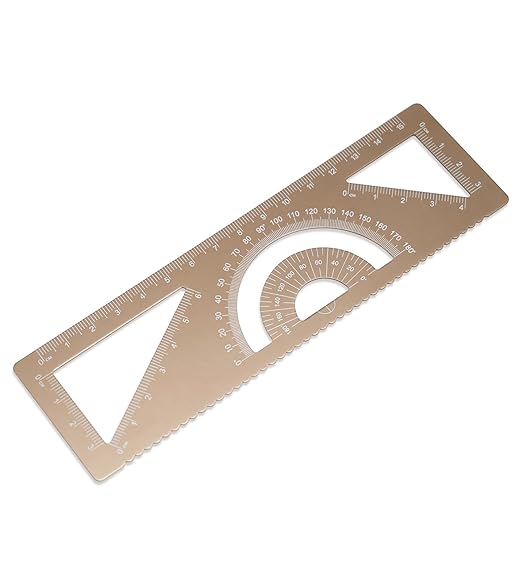 4-in-1 Geometry Set, Metal Math Ruler Kit- Aluminium Protractor, 2 Precision Triangles, Straight Edge Rule - Multifunctional Drafting& Measuring Small Ruler for Kids School - 6 in, Gold