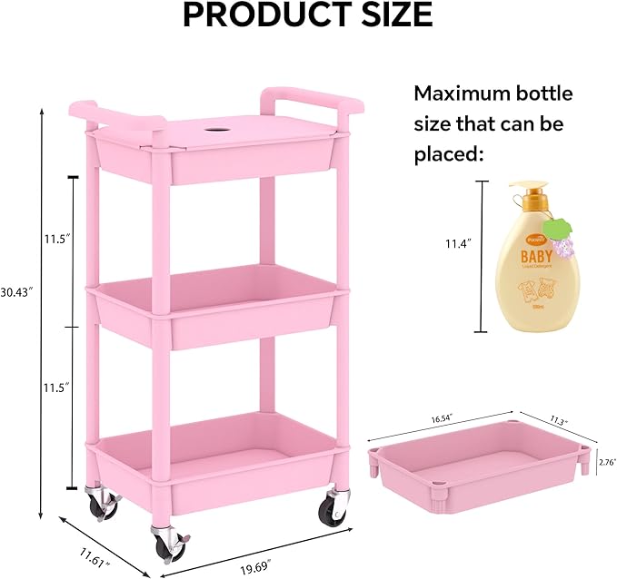 3-Tier Utility Rolling Cart with Cover Top Board, Mobile Utility Cart with Lockable Casters Multi-Functional Storage Trolley for Office, Bathroom, Kitchen, Garden, Laundry Room (Pink)