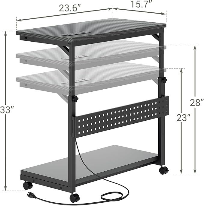 Computer Tower Stand with Power Strips, Height Adjustable PC Tower Stand/Cart with Wheels, Mobile Rolling CPU Holder, Computer Cart Side Stand for Computer Desk, 24", Carbon Fiber Black