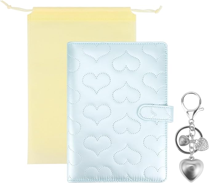 A5 PU Leather Cotton-Padded Binder 6-Ring Notebook Binder Cover with Gold Keychain for A5 Filler Paper, Refillable A5 Personal Planner Budget Binder with Magnetic Buckle Closure (Light Blue, A5)