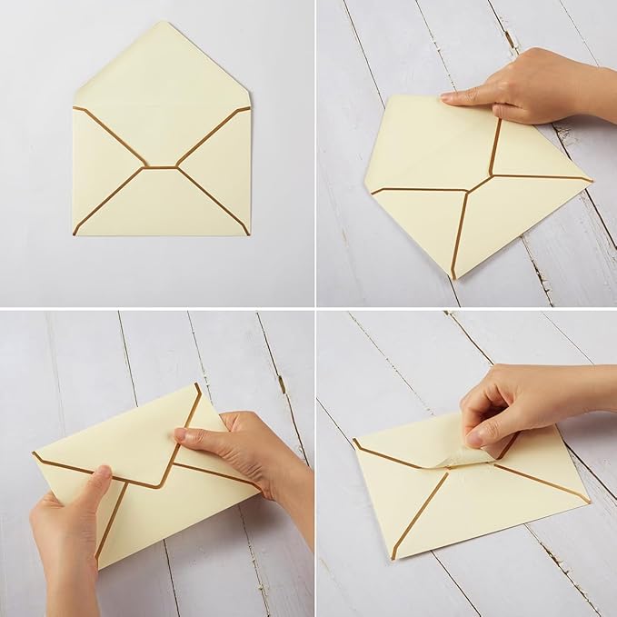 50 Pack Cream Color A4 Envelopes 4x6 Self-Adhesive V Flap Envelopes with Gold Border for Office, Greeting Card, Wedding, Graduation, Baby Shower, Parties, Invitations (4.25x6.25 inches)