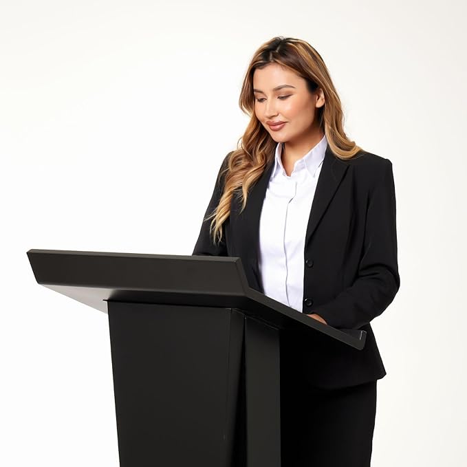 Podium Stand with Locking Wheels - Heavy Duty Church Podium & Pulpit for School, Conference, Office, or Home - 50.4" H Metal Lectern with Large Storage & Slanted Desktop