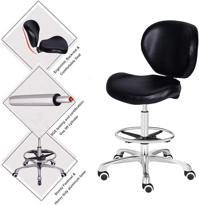 Kaleurrier Adjustable Stools Drafting Chair with Backrest & Foot Rest Drafting Stool Swivel Seat Rolling Wheels for Studio Dental Office Salon Counter Home Desk Chairs (Black)