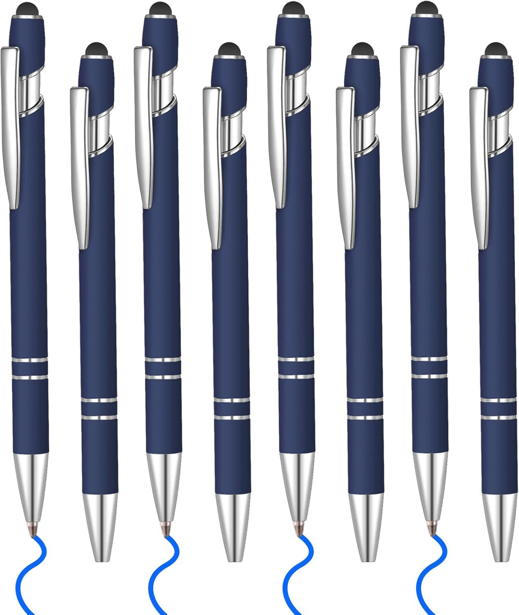 8 Pcs Blue Ink Ballpoint Pen with Stylus Tip 2 in 1 Stylus Ballpoint Pen Metal Pens Stylus Pen for Touch Screens School Office Coworkers (Navy Blue)