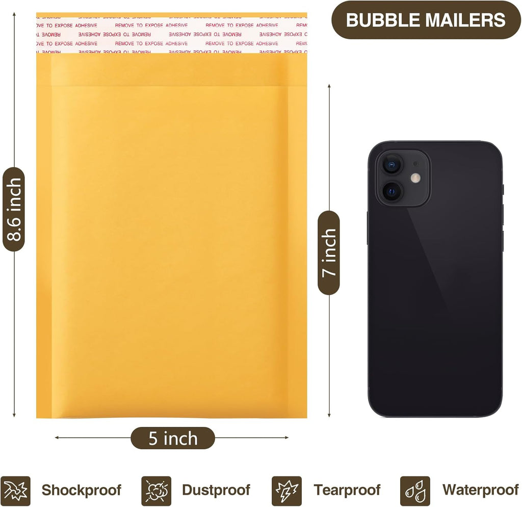 UCGOU Kraft Bubble Mailers 5x8.6 Inch Usable Size 5x7 Inch 50 Pack Yellow Padded Envelopes Small Business Mailing Packages Self Sealing Tear Resistant Boutique Bulk Mail Shipping Bags Bubble Mailers