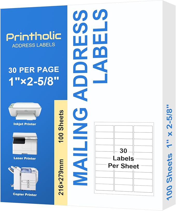 3000 30 Per Sheet Self Adhesive 1" x 2-5/8" Address Shipping Labels for Laser & Inkjet Printers - 100 Sheets, 30 Per Labels Per Page