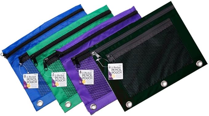 Charles Leonard Pencil Pouch for Binder with 2 Pockets, Front Mesh Pocket, Assorted Colors, Includes 24 Pouches (76350-ST)