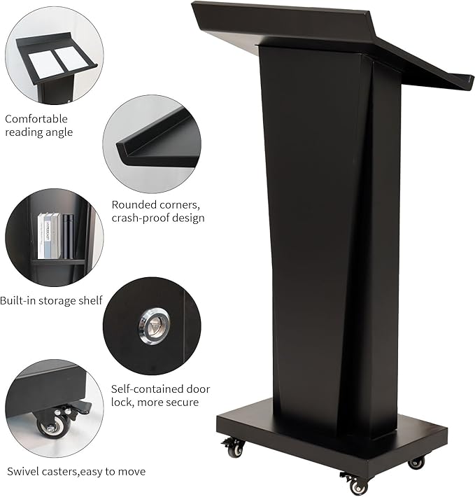 Podium Stand with Locking Wheels - Heavy Duty Church Podium & Pulpit for School, Conference, Office, or Home - 50.4" H Metal Lectern with Large Storage & Slanted Desktop