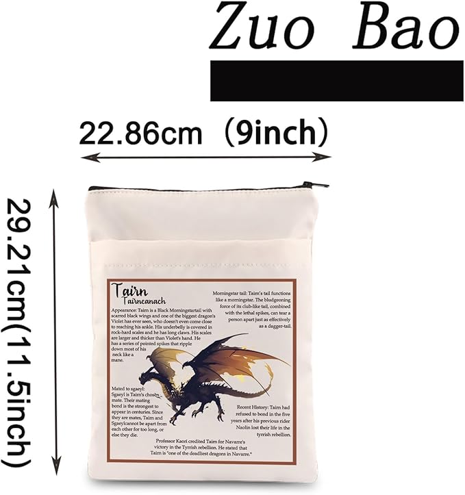 Zuo Bao FW Fans Book Sleeve FW Inspired Gift Dragon Rider Waterproof Zipper Pouch Tairn Lovers Bookish Gift (Tairn)