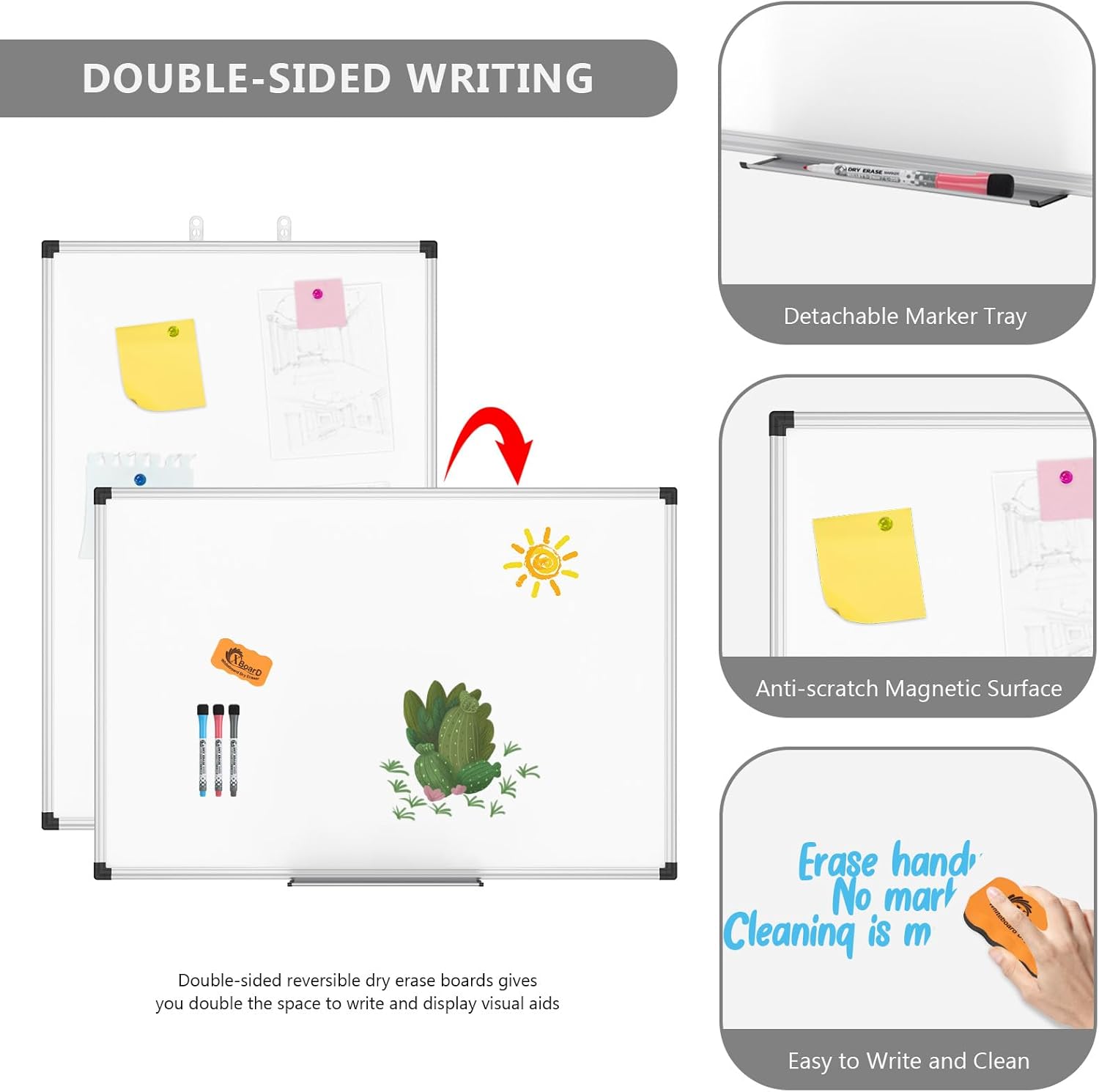 XBoard Magnetic Dry Erase Board/Whiteboard, 36 X 24 Inches, Double Sided White Board,1 Dry Eraser & 3 Dry Erase Markers & 4 Push Pin Magnets