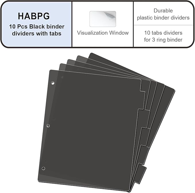 HABGP 3 Ring Binder Dividers with 5-Tabs, 2 Pack 5 Binder Dividers, Letter Size Write & Erase Plastic Index Binder Black, 1/5 Cut, Sheet Protectors, 3 Hole Punch, Total 10 Dividers