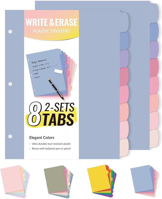 Sooez 8-Tab Durable Plastic Write & Erase Big Tab Dividers for 3 Ring Binder, Aesthetic Cute Pastel Binder Dividers for Student, Teacher, Office, Home Organizers, 2 Sets, Muted