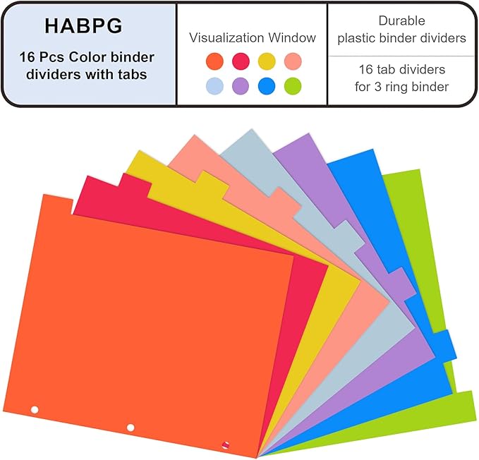 HABGP 16Pcs/2 Set 8 Tab Dividers for 3 Ring Binder, 16 Pcs Multicolor 3 Ring Binder Dividers with Tabs, Page Folder Dividers, Plastic Tabbed File Dividers with Tabs, Three Ring Binder Index Dividers