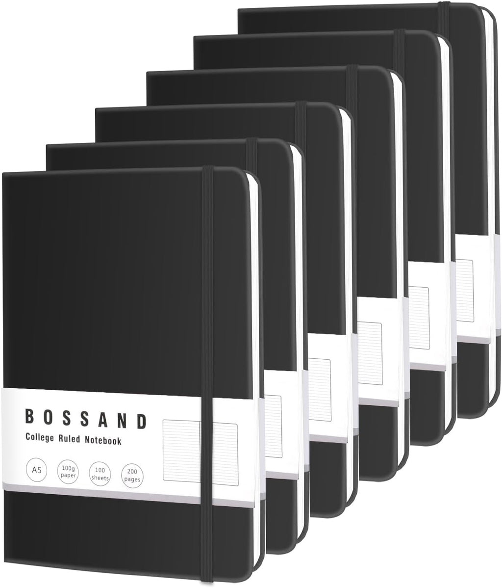 BOSSAND Lined Journal Notebooks, 6 Pack A5 Journals for Writing, 200 Pages 100 GSM Thick College Ruled Paper, Hardcover, 8.25 inches x 5.75 inches, Black