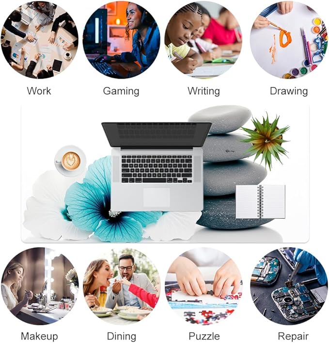 QIYI Desk Pad, Non-Slip PU Leather Desk Blotter Protector, Kids Floral Print Waterproof Computer Desk Mat, Thick Home & Office Large Keyboard Mouse Pad 31.5" x 15.7" - Pebbles & Blue White Flowers