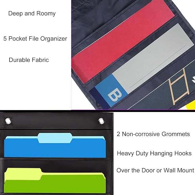 Hanging Wall File Organizer, 5 Pocket, Black Wall Storage Pocket Charts with 2 Hangers, Oxford Cloth Storage Pocket, Over The Door File Organizer, Great for Classroom, Home or Office Use (5 Pocket)