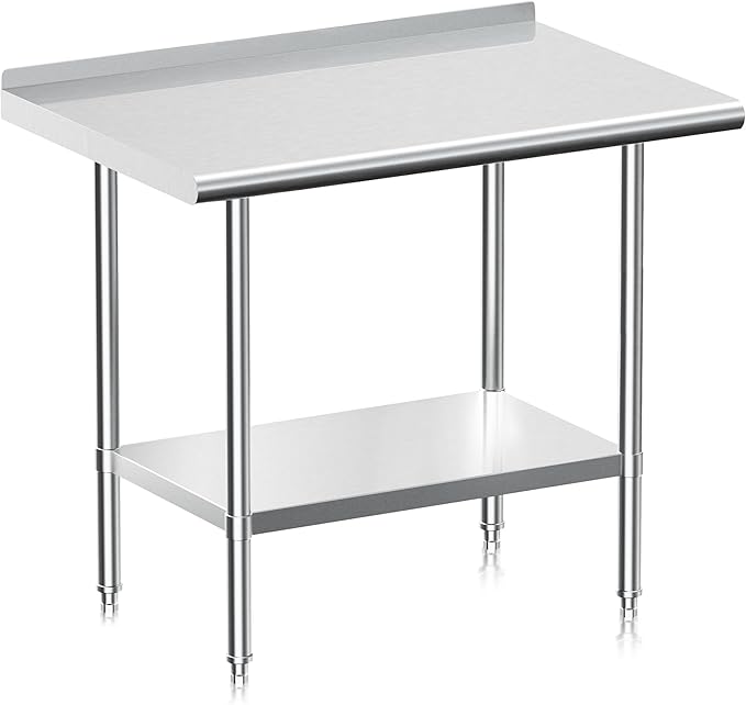 Real Relax Stainless Steel Table with Backsplash, NSF Commercial Heavy Duty Stainless Steel Table for Prep with Adjustable Undershelf, for Indoor & Outdoor- 24" D x 30" W x 34" H