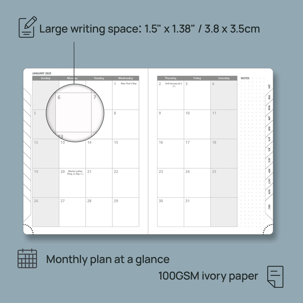 POPRUN 2025 Planner (Medium Size 8.5''x 6.5'' Hardcover) - Daily Weekly and Monthly Calendar Agenda 2025 Appointment Book with Hourly Time Slots, Monthly Tabs, 100 GSM - Pacific Green