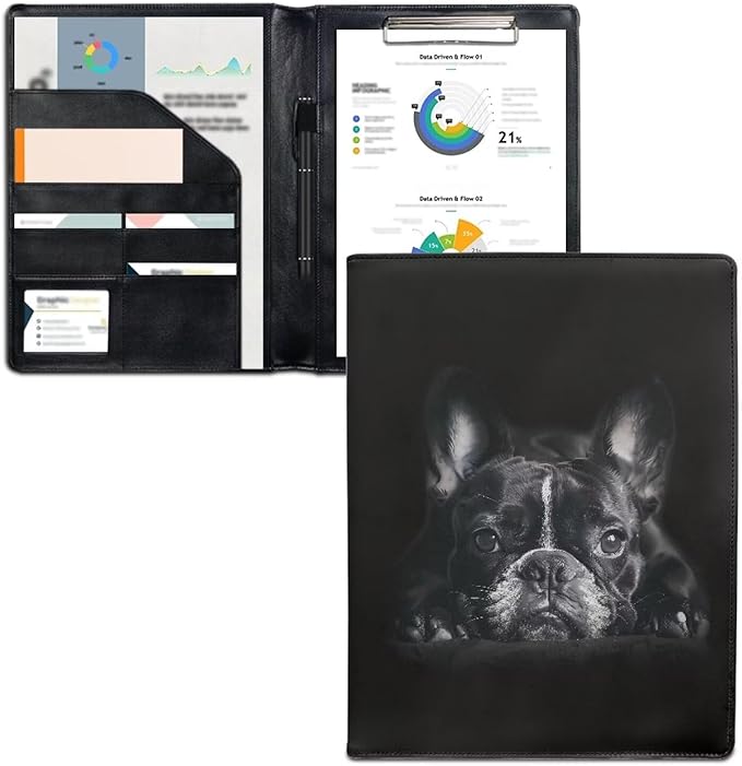 Office Folder Pug Dog Black Print PU Leather Padfolio with A4 Size Clipboard Clip for Business Resume Interview Document Sleeve Binder Folder for Men/Women