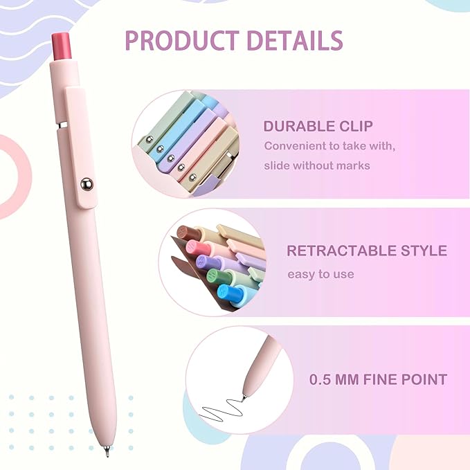5PCS Retractable Gel Pens Set, Quick Dry Black Ink Fine Point Soft Touch Roller Ball Gel Ink Pen for Smooth Writing (Macaron Color)