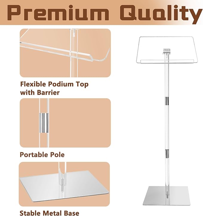 Podium Stand, Lecterns & Podiums, Acrylic Adjustable Angles with Metal Base, Podium for Church, Weddings, Classroom, Speech (Clear, 16" L x 12" W x 42.5" H)