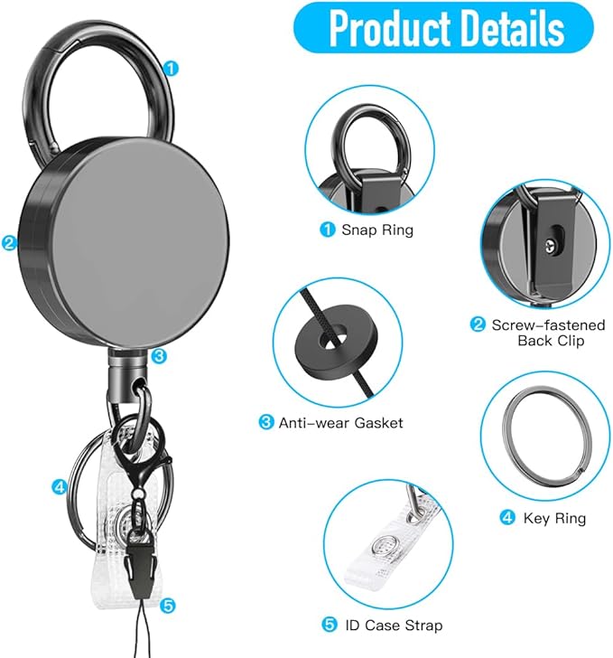 Heavy Duty Metal Retractable Badge Reels, ID Badge Holder with Belt Clip Key Ring, Retractable Metal Keychain Badge Holder, 1 Pack