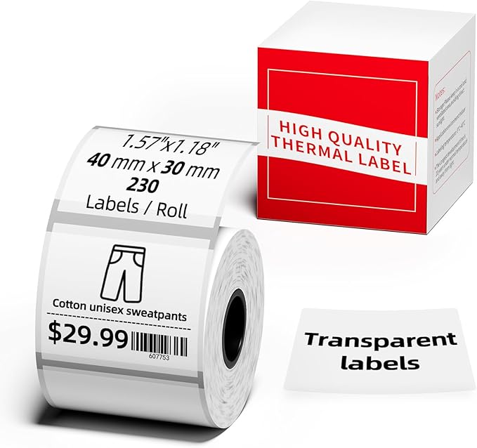 M260 Clear Thermal Labels 1.57'' x 1.18'' (40 x 30 mm), Multi-Purpose Adhesive Transparent Thermal Labels Compatible with Label Maker M110/ M220/ M221/ M120/ M200/M150/M100, 230 Labels/Roll