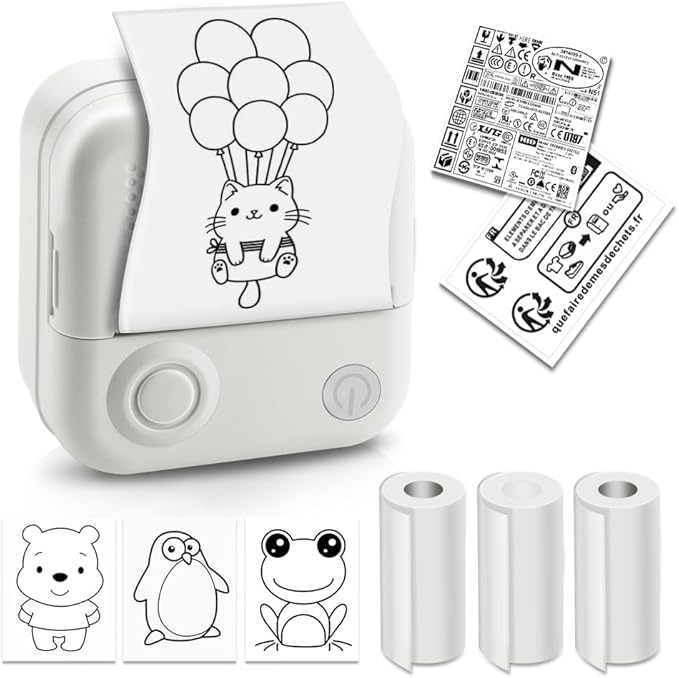 Sticker Printer,Thermal Printer Label Maker with 3 rolls Paper, Portable Mini Wireless Bluetooth Inkless Printer, Recharge Pocket Sticker Maker,Small Printer for Photo,Scrapbook Supplies, White