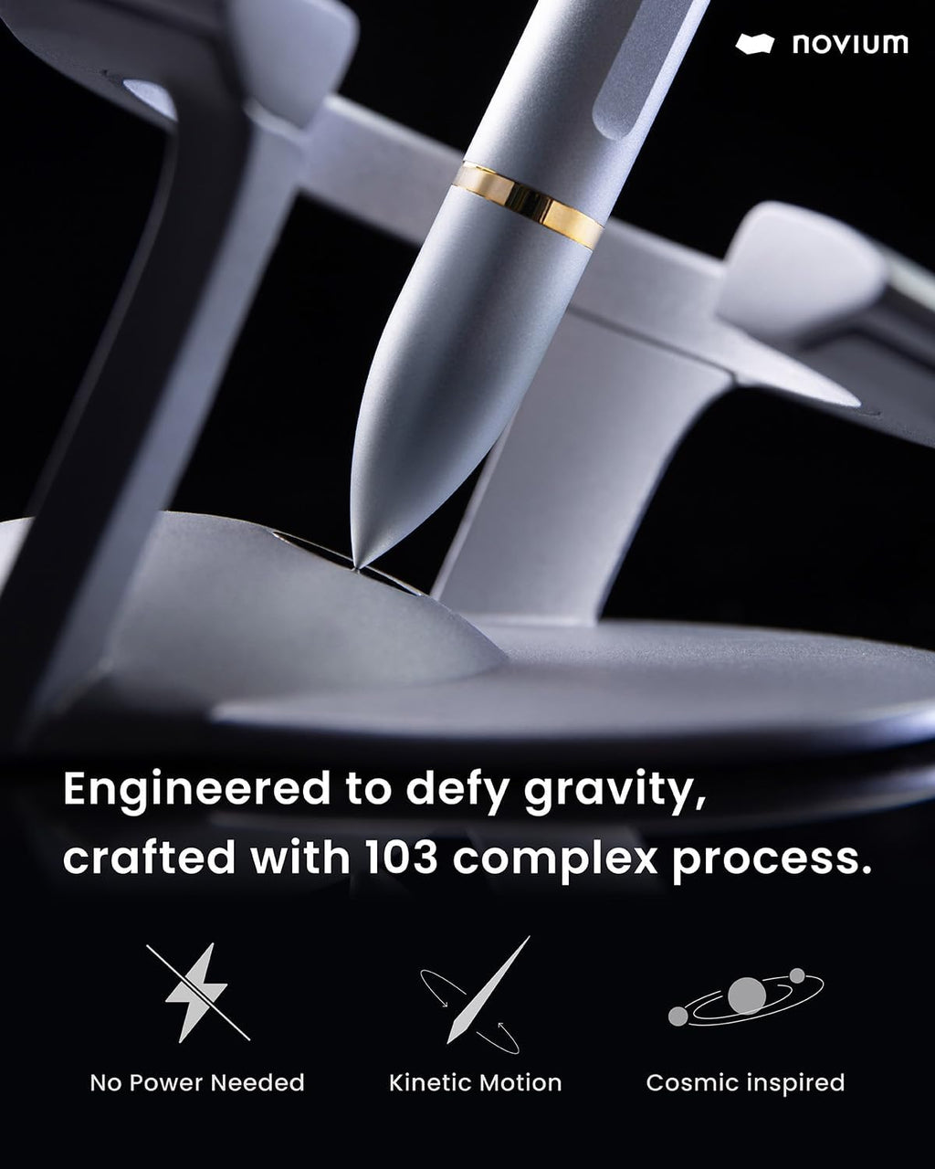 novium Hoverpen Interstellar - Luxury Pen Made With Aerospace Alloys, Unique Aesthetic, Free Spinning Executive Pen, Desk Decor (Starlight Silver, 18K-Gold)
