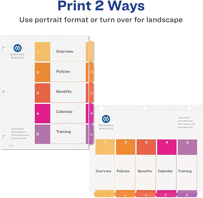 Avery 5 Tab Dividers for 3 Ring Binders, Customizable Table of Contents, Multicolor Tabs, 6 Sets (11187)