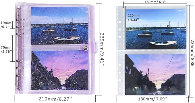 Purple Giltter PVC Kpop Photocard Binder Loose Leaf 6-Ring Wide A5 Photocards Holder with 6 Inch 100 Pockets Photo Pages Transparent Card Sleeve Protectors Page for Photos Cards Album Folder Organizer