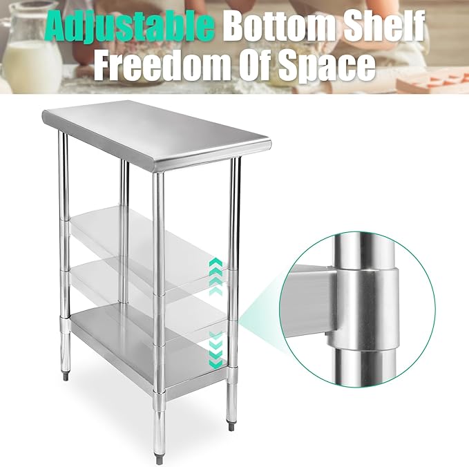 STABLEINK NSF Stainless Steel Table, 30 x 14 Inches Metal Prep & Work Table with Adjustable Undershelf, for Commercial Kitchen, Restaurant, Hotel and Garage,Small Stainless Steel Table