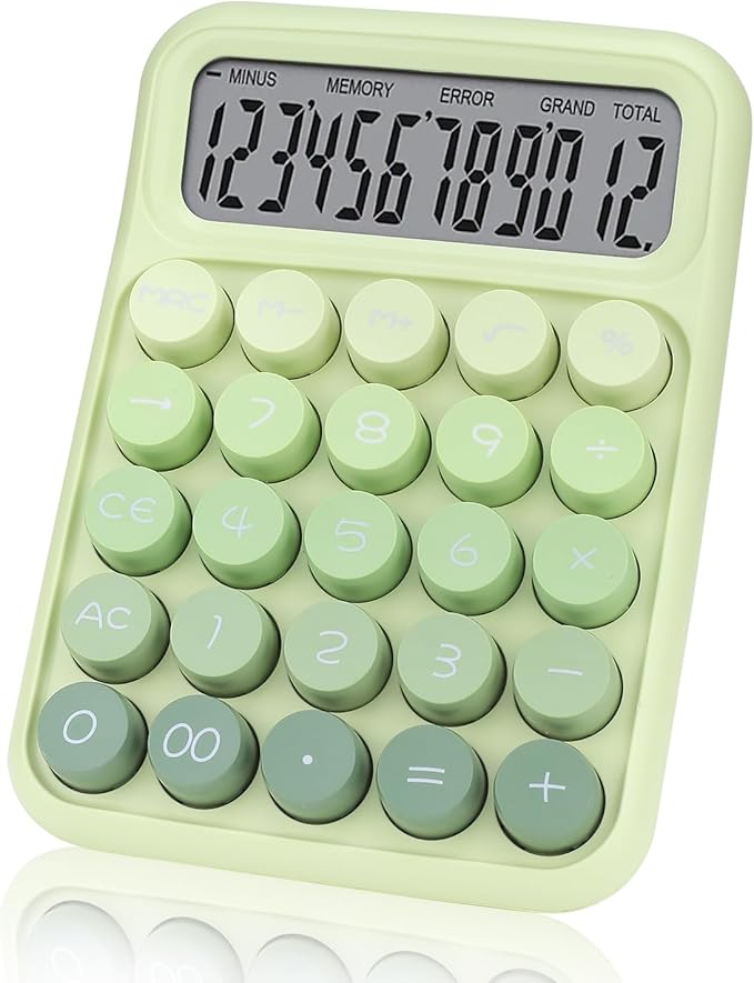 Mechanical Switch Calculator with Big Buttons, 12 Digits, Large LCD Display, Cute Pink Desktop Calculator, Aesthetic School Supplies for Office, School, Home & Business Use, Automatic Sleep (Green)