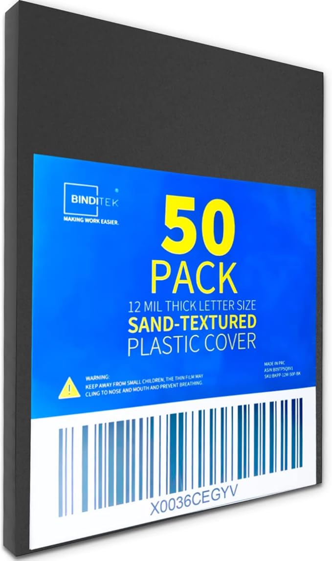 Binditek 50 Pack 12 Mil Sand-Textured Polycover - Plastic Binding Cover for Letter Size - Business Reports and Proposals - Lightly Textured Sand Finish - Square Corners, Un-Punched, Black