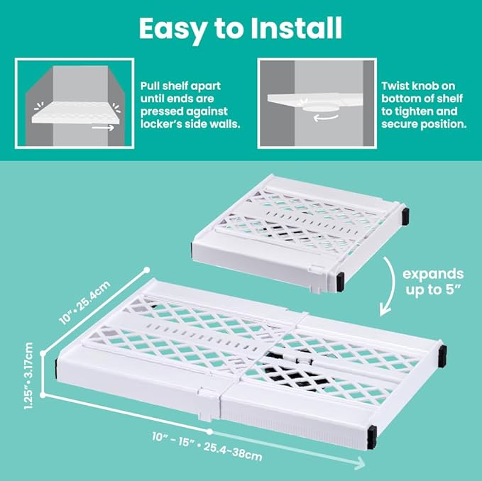 LockerMate Adjust-A-Shelf Locker Shelf, Extends to Fit Your Locker, Easy to Use, Perfect for School, Office, Gym, White