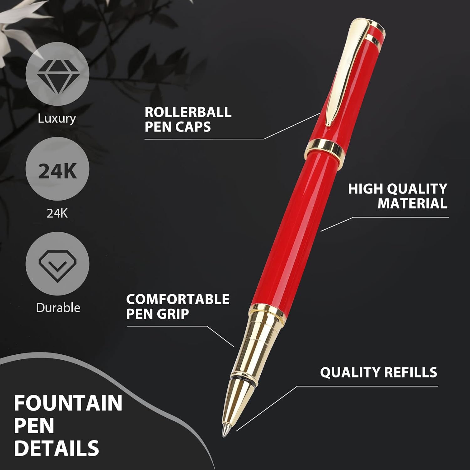 cheericome Luxury Rollerball Pen - Professional Pen, Executive Pen, Journal Pen, Perfect for Silky Smooth Writing, with Gift Box, Nice Pen for Men and Women, 2 Extra Premium Black Refills - Red