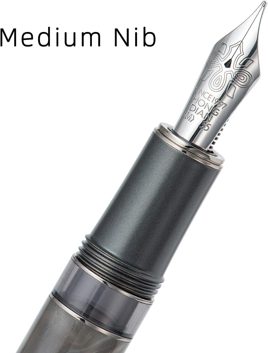 Hongdian N7 Gray Resin Piston Fountain Pen Rabbit Cap, Iridium Medium Nib Classic Pen Smooth Writing Pen with Metal Box