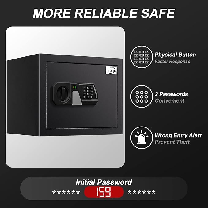 Tenamic Fireproof Safe Box 1.2 Cuft Electronic Digital Security Box, Keypad Small Lock Box Cabinet Safes with Internal Light, Solid Alloy Steel Office Hotel Home Safe with 2 Passwords, Black