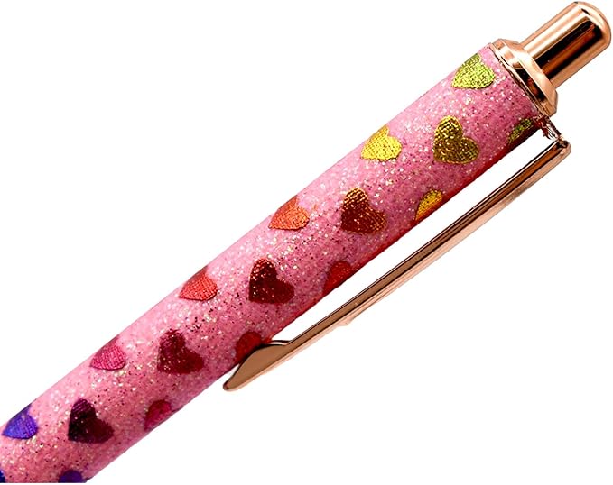 9 PCS Sparkle Glitter Heart Pens - Metal Daisy Flower Wedding Retractable Ballpoint Pens with Lip Print, Perfect for Women, Ladies, School, Party, Office, Valentine's Day, Birthday