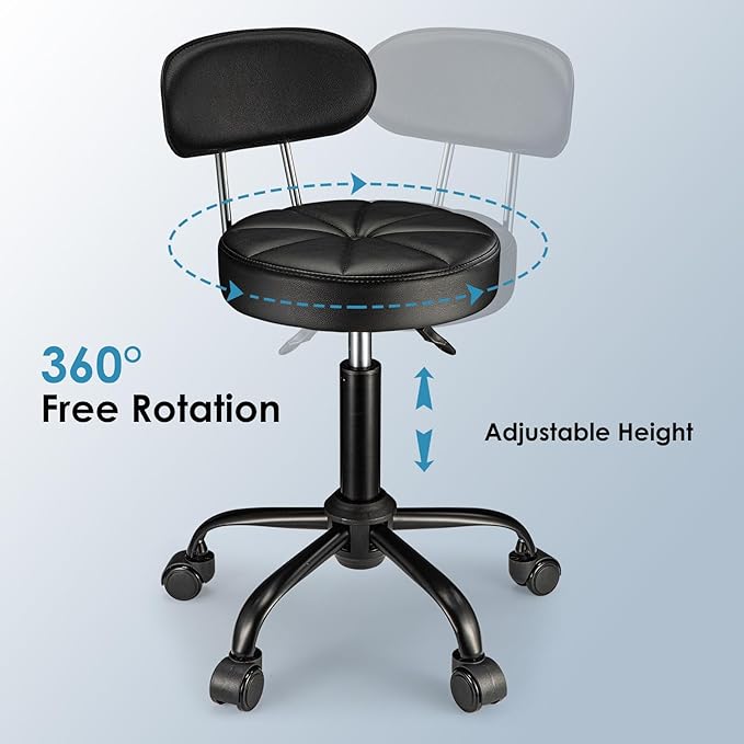 Swivel Rolling Stool with Wheels Height Adjustable Chair Rolling Drafting Chair Spa Stool Chair Backrest Black